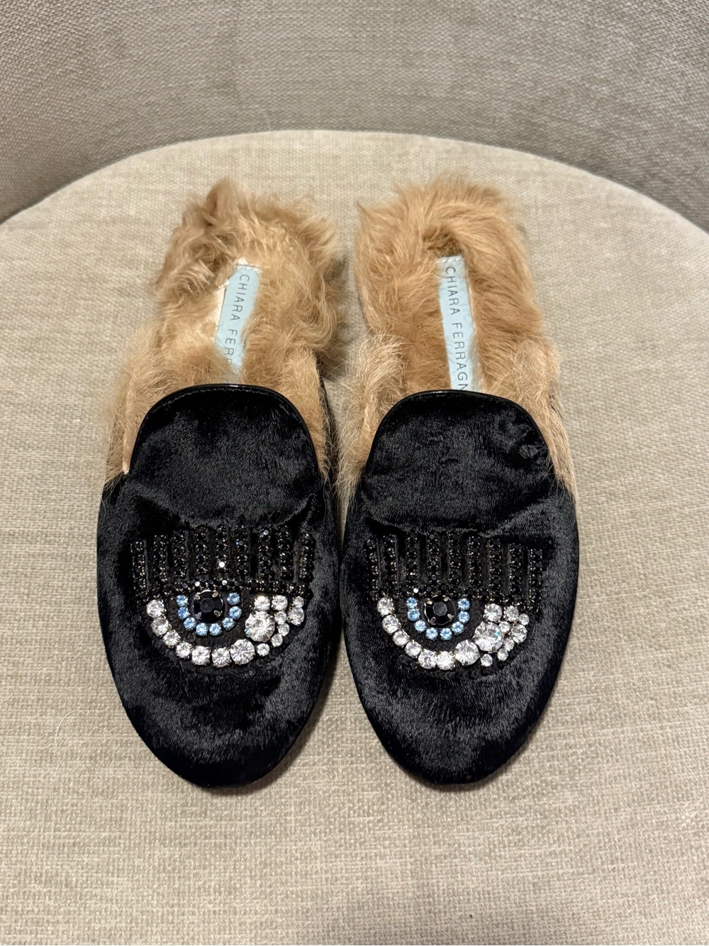 Chiara Ferragni Black Velvet Rhinestone Eye Fur-Lined Mule